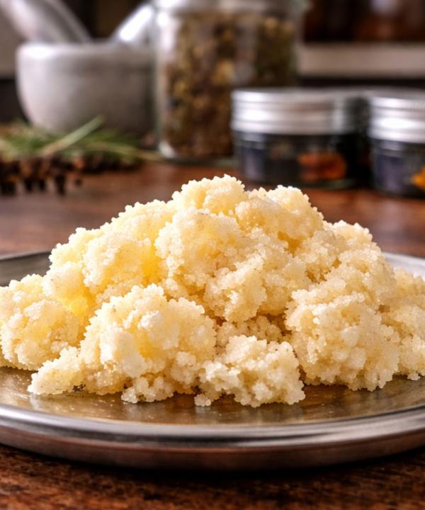 White Widow THCA crumble on silver dish with creamy white texture and earthy spicy terpene profile